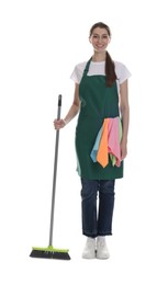 Photo of Smiling cleaning service worker with broom and rags on white background