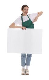 Smiling cleaning service worker with sheet of paper on white background. Space for text