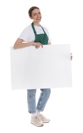 Smiling cleaning service worker with sheet of paper on white background. Space for text