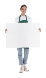 Smiling cleaning service worker with sheet of paper on white background. Space for text