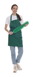 Smiling cleaning service worker with dusting brush on white background