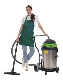 Photo of Smiling cleaning service worker with vacuum cleaner on white background