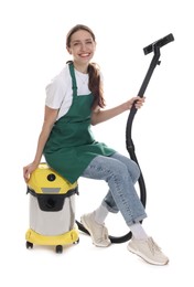 Smiling cleaning service worker with vacuum cleaner on white background