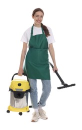 Photo of Smiling cleaning service worker with vacuum cleaner on white background