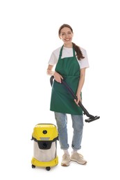 Photo of Smiling cleaning service worker with vacuum cleaner on white background