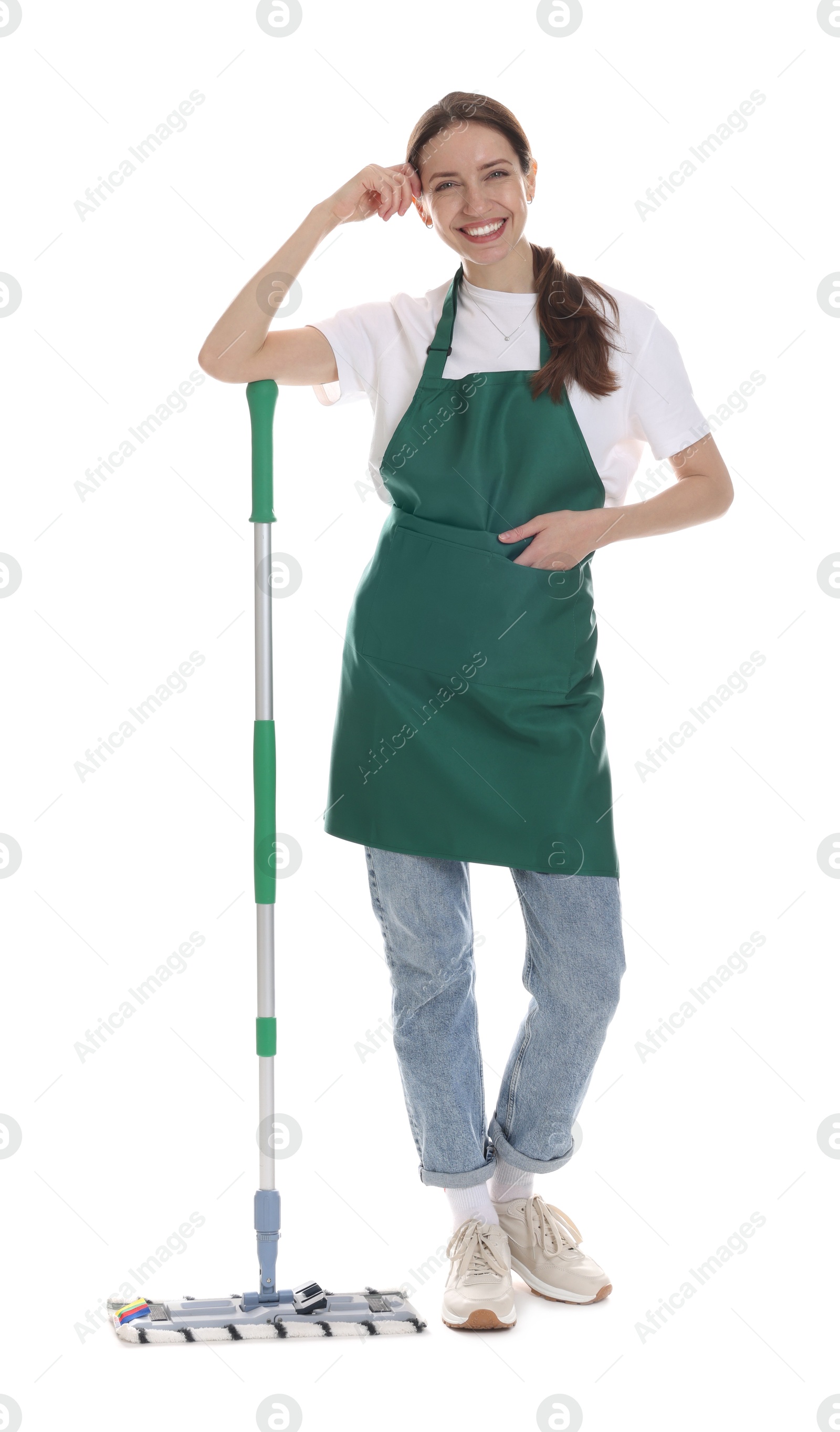 Photo of Smiling cleaning service worker with mop on white background