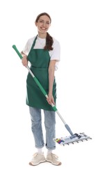 Smiling cleaning service worker with mop on white background