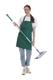 Photo of Smiling cleaning service worker with mop on white background