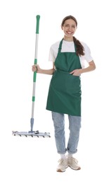 Smiling cleaning service worker with mop on white background