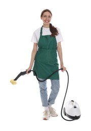 Smiling cleaning service worker with steam cleaner on white background