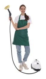 Photo of Smiling cleaning service worker with steam cleaner on white background