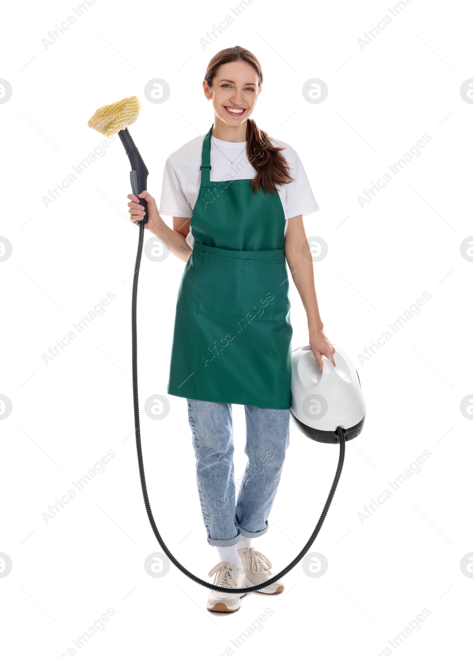 Photo of Smiling cleaning service worker with steam cleaner on white background