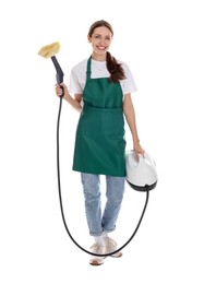 Smiling cleaning service worker with steam cleaner on white background