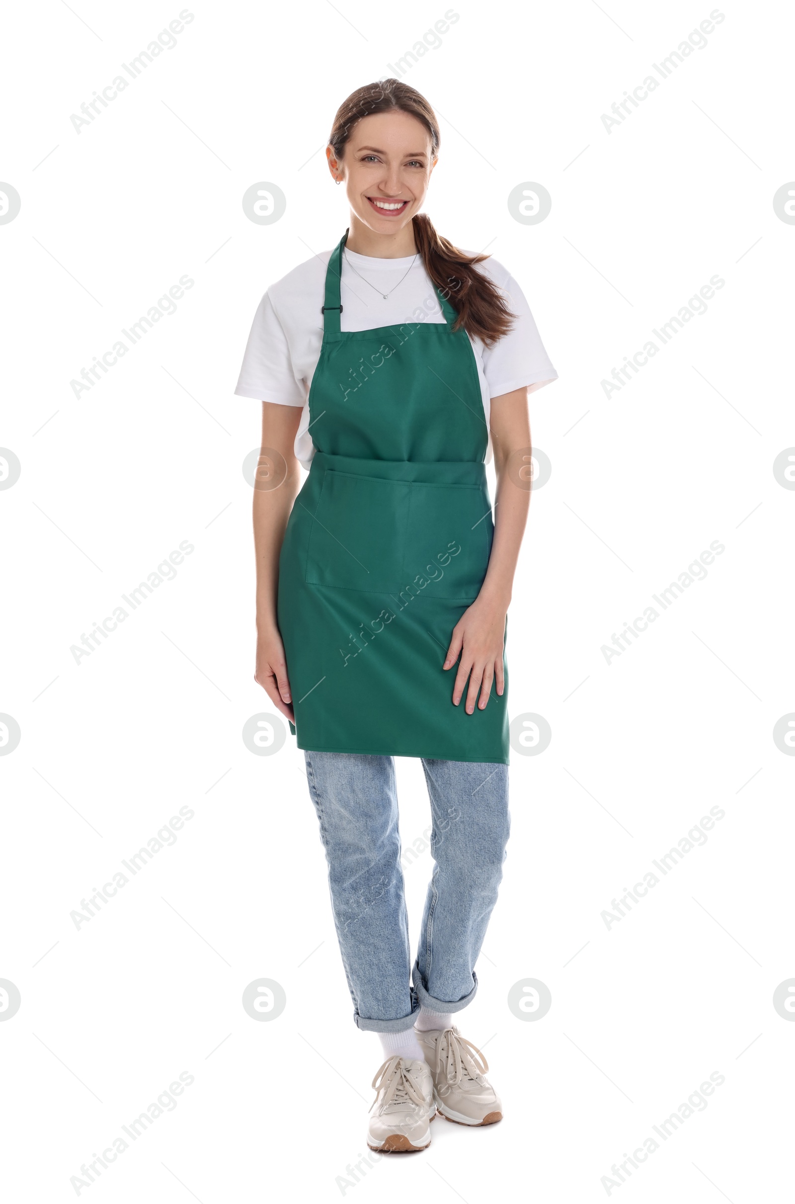 Photo of Smiling cleaning service worker on white background