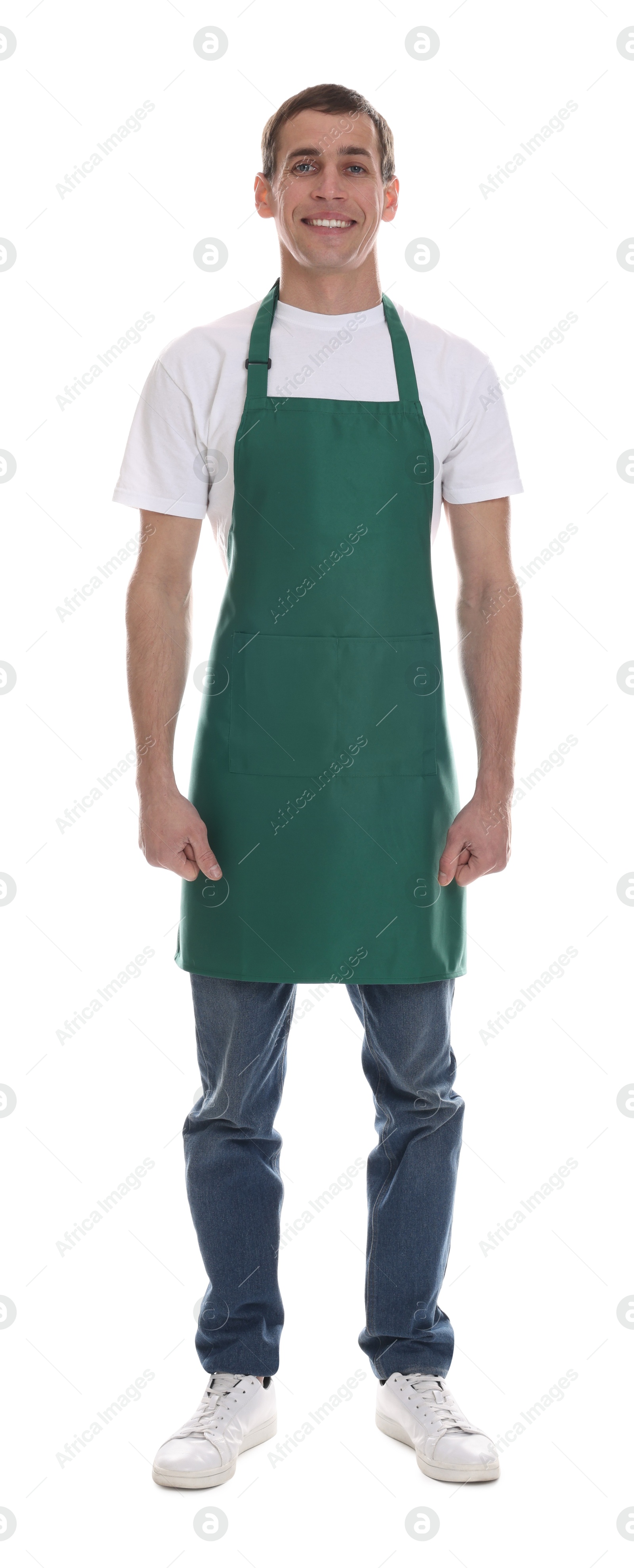 Photo of Smiling cleaning service worker on white background