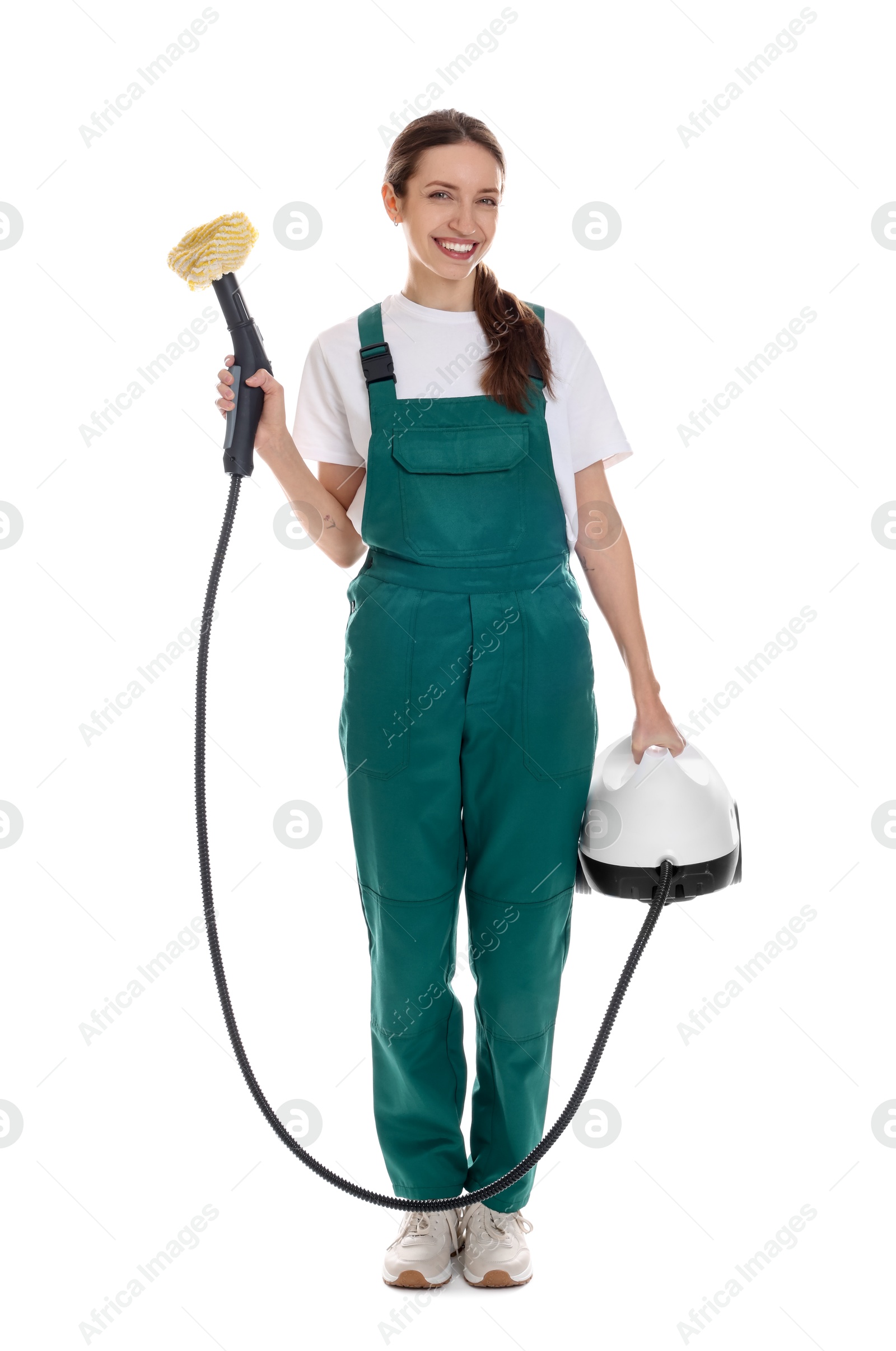 Photo of Smiling cleaning service worker with steam cleaner on white background