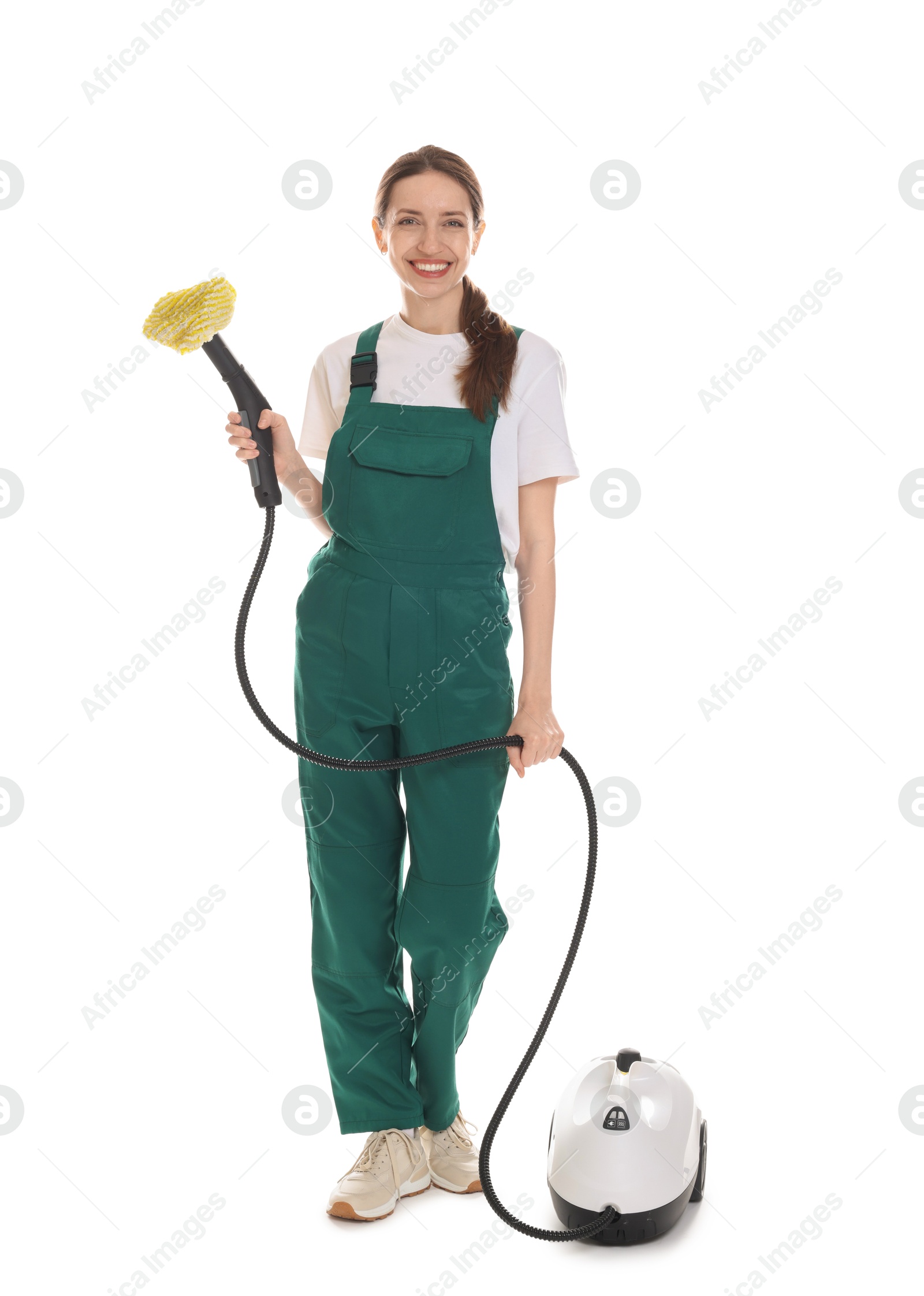 Photo of Smiling cleaning service worker with steam cleaner on white background