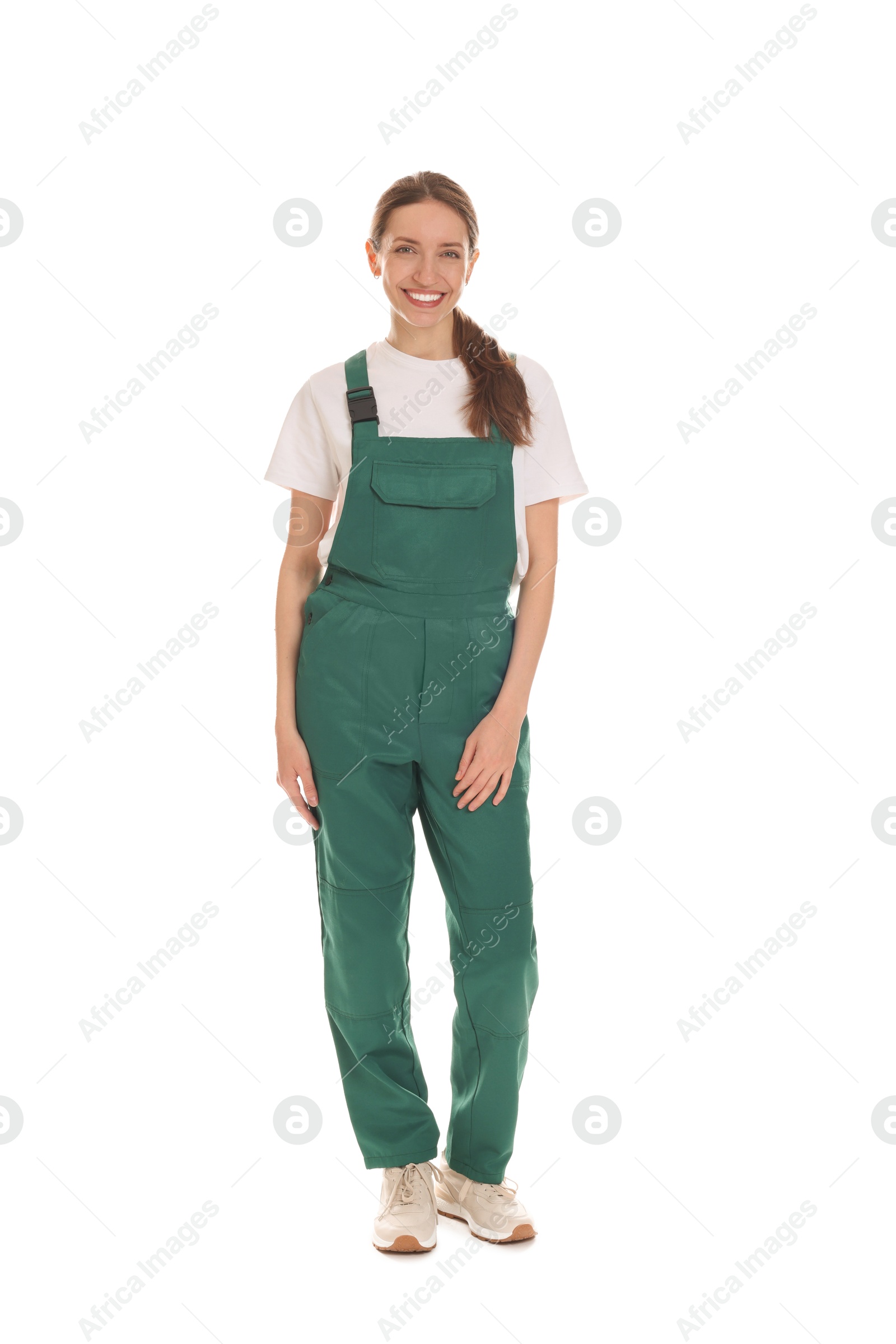 Photo of Smiling cleaning service worker on white background