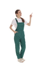 Photo of Smiling cleaning service worker pointing at something on white background