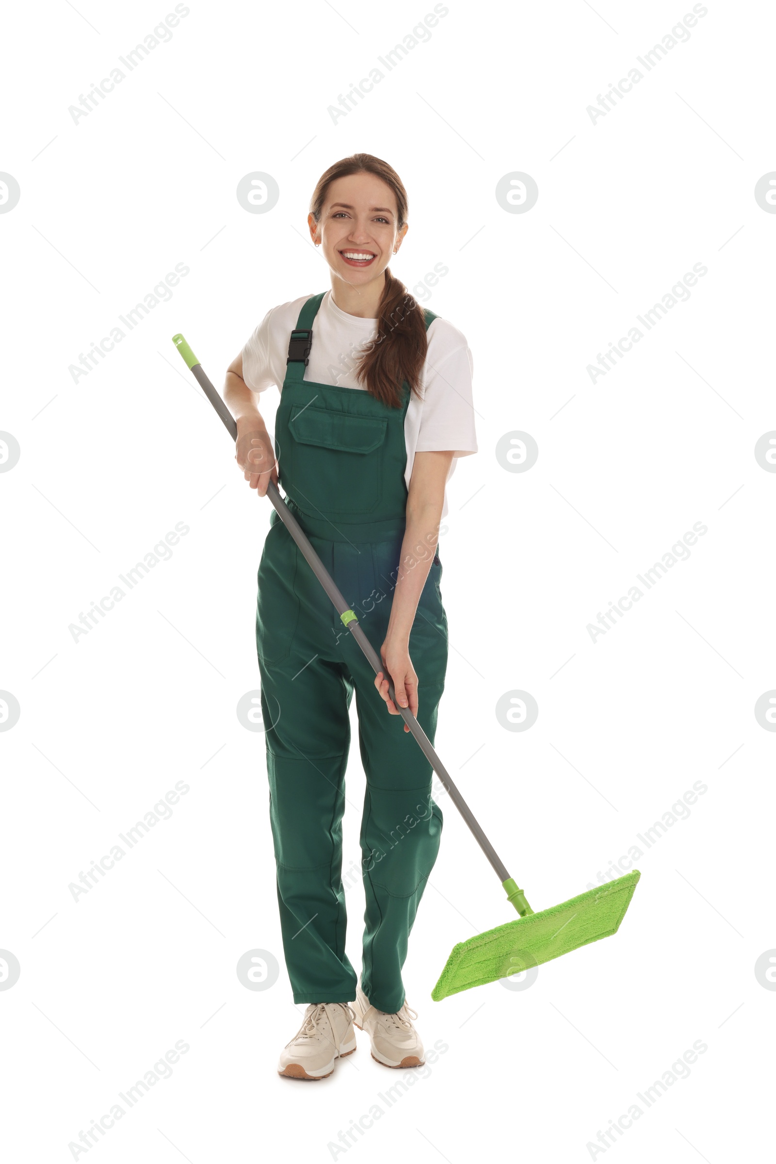 Photo of Smiling cleaning service worker with mop on white background