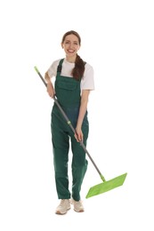 Photo of Smiling cleaning service worker with mop on white background