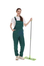 Photo of Smiling cleaning service worker with mop on white background