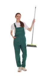 Photo of Smiling cleaning service worker with broom on white background