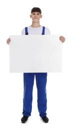 Cleaning service worker with sheet of paper on white background. Space for text