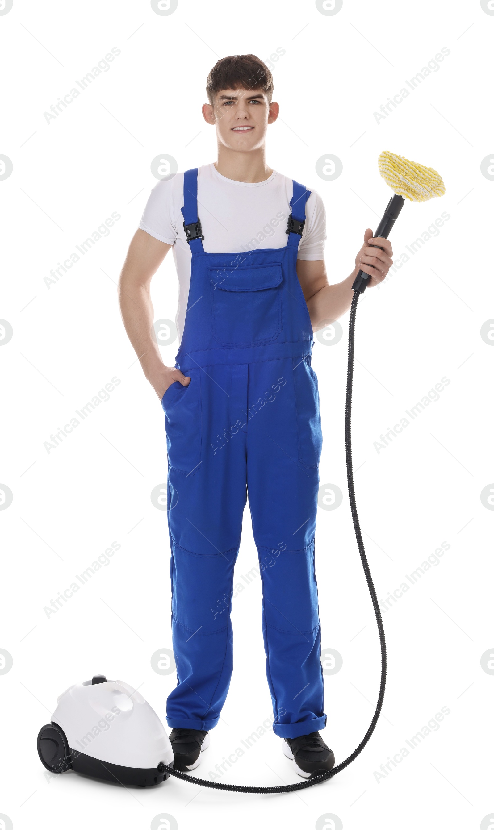 Photo of Cleaning service worker with steam cleaner on white background