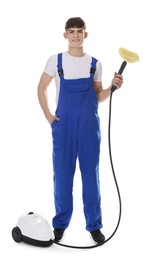 Photo of Cleaning service worker with steam cleaner on white background