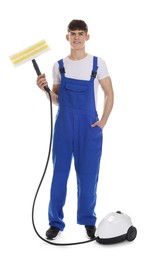 Cleaning service worker with steam cleaner on white background