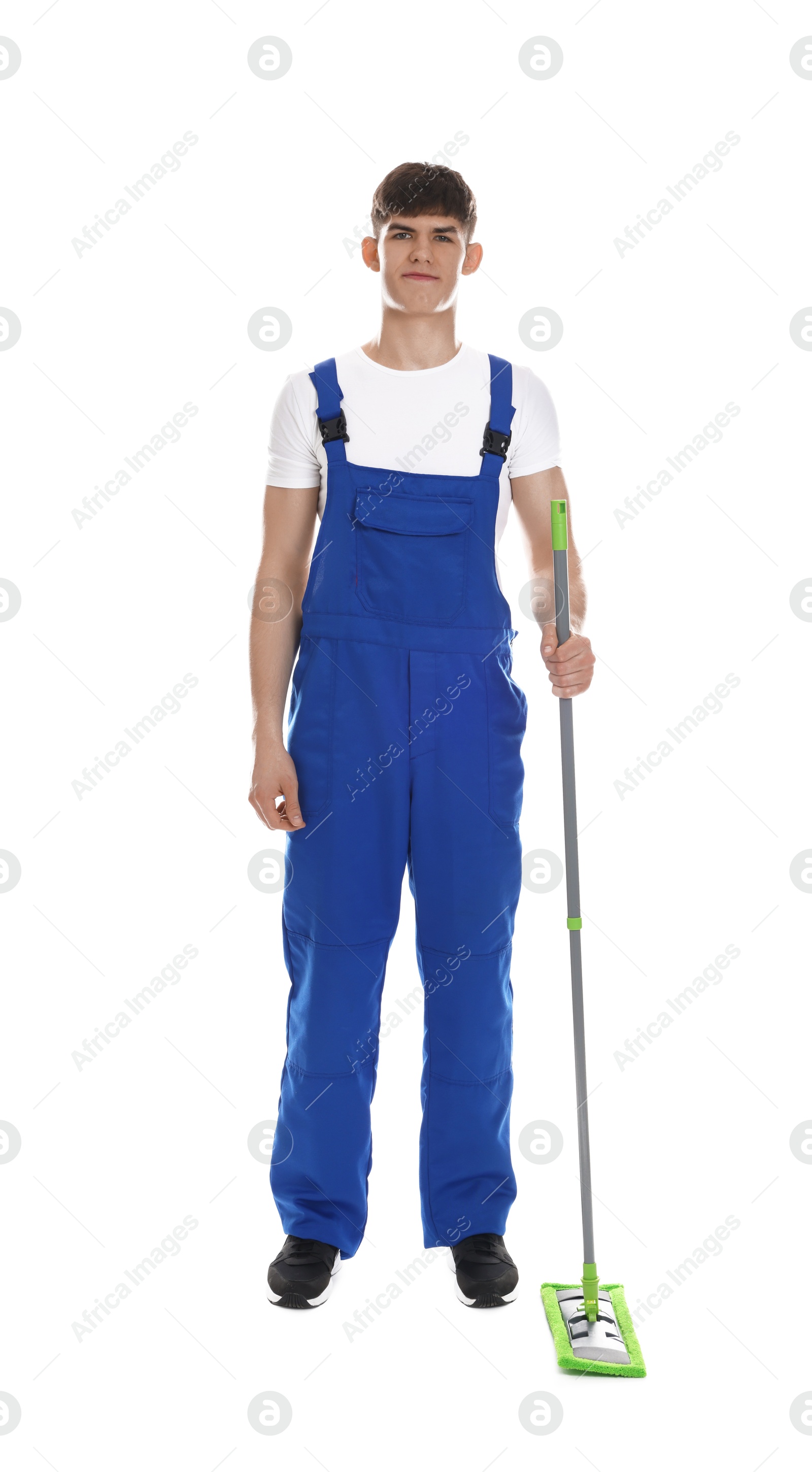 Photo of Cleaning service worker with mop on white background