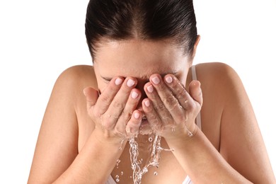 Photo of Woman washing her face on white background