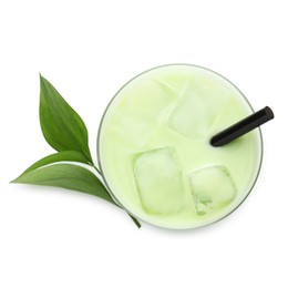 Photo of Fresh mung bean juice in glass and green leaves isolated on white, top view
