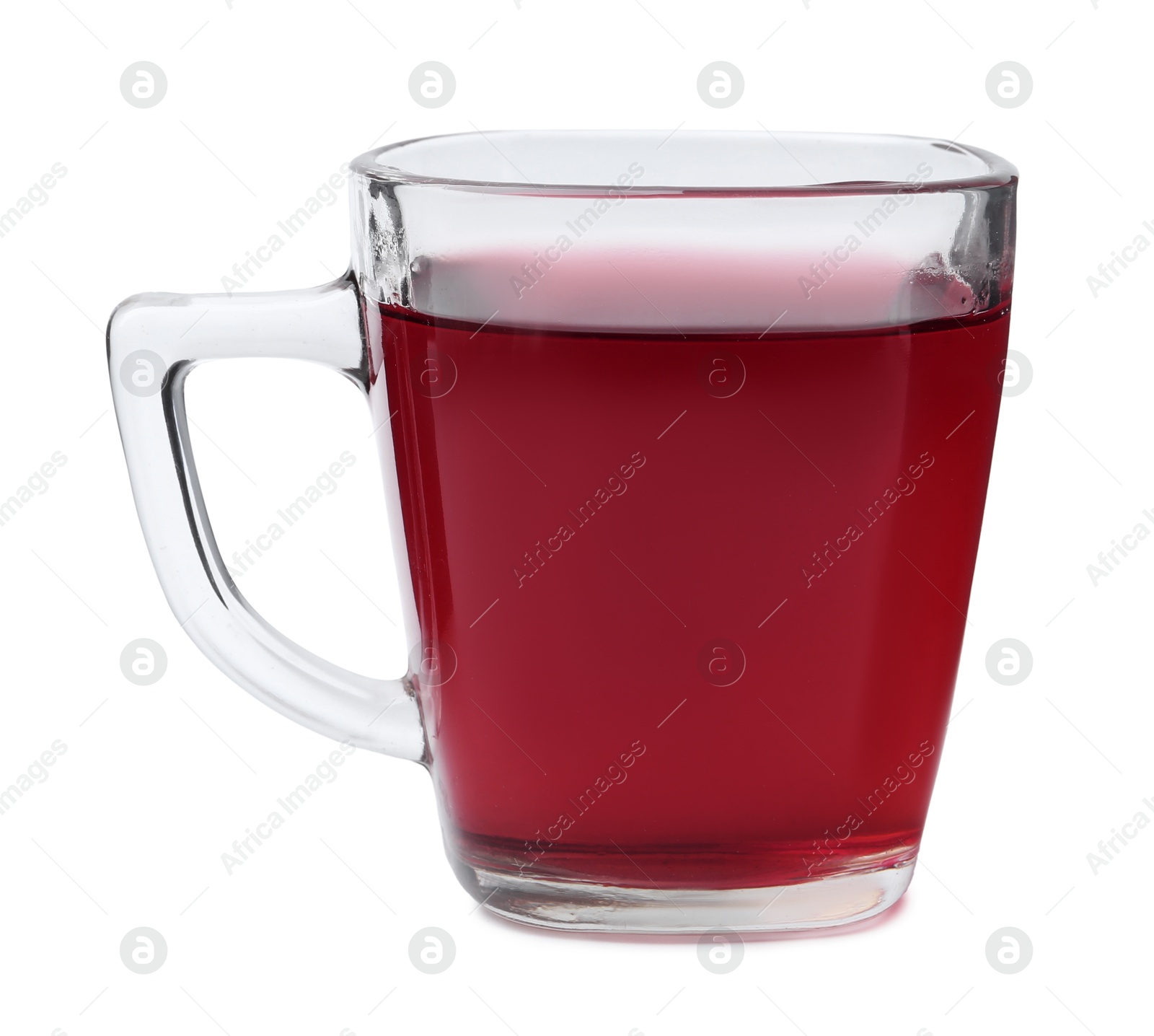 Photo of Delicious hibiscus tea in glass cup isolated on white