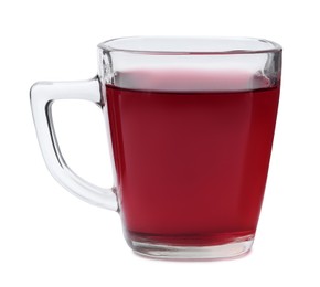 Photo of Delicious hibiscus tea in glass cup isolated on white