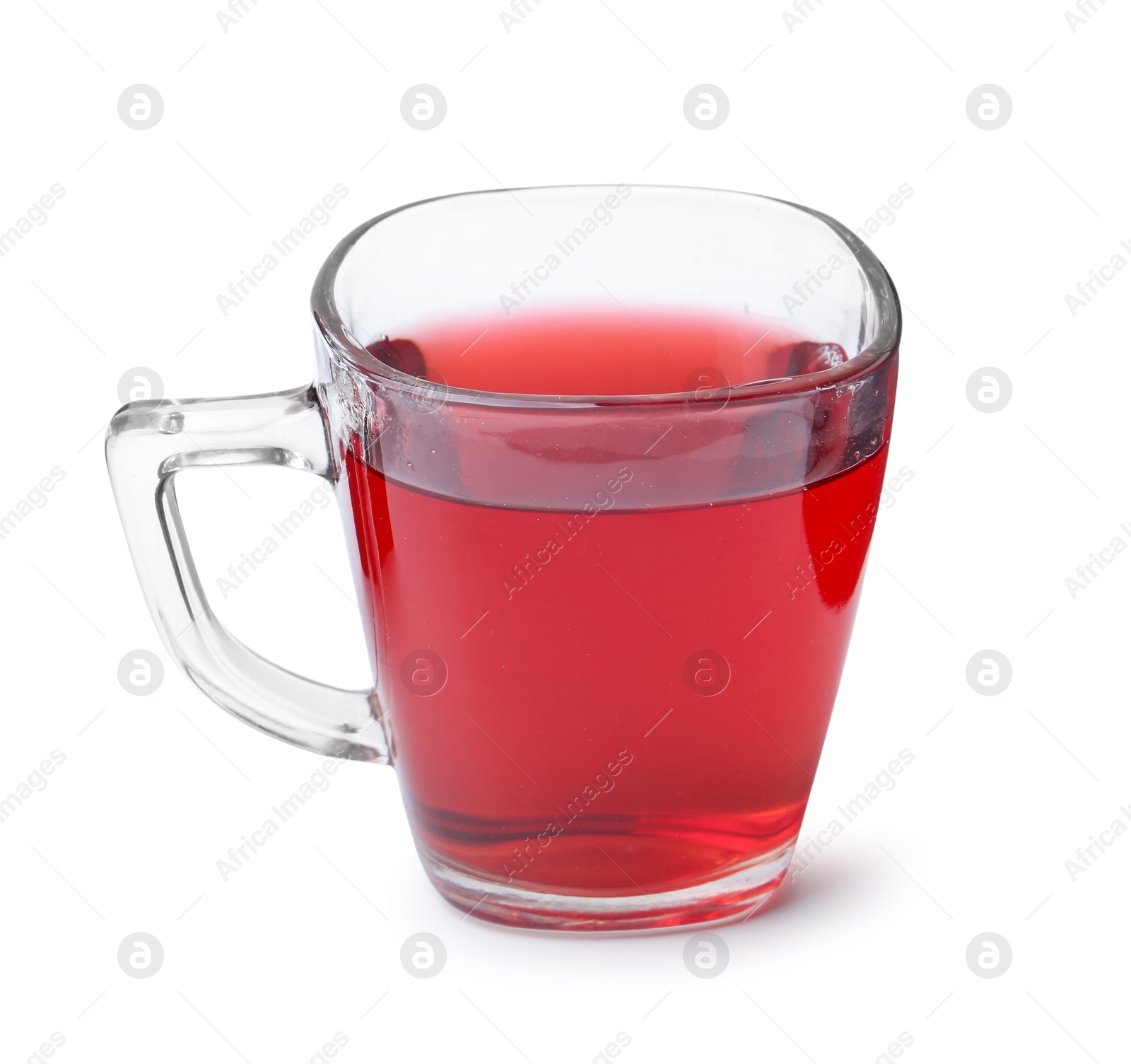 Photo of Delicious hibiscus tea in glass cup isolated on white