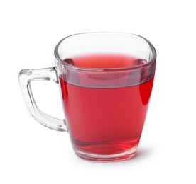 Photo of Delicious hibiscus tea in glass cup isolated on white