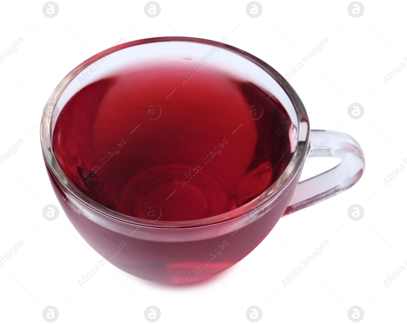 Photo of Delicious hibiscus tea in glass cup isolated on white