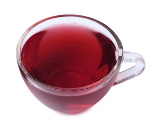 Photo of Delicious hibiscus tea in glass cup isolated on white