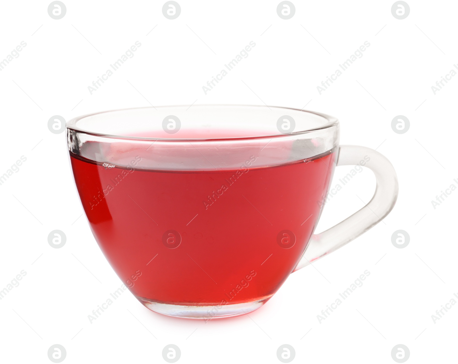 Photo of Delicious hibiscus tea in glass cup isolated on white