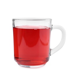 Photo of Delicious hibiscus tea in glass cup isolated on white