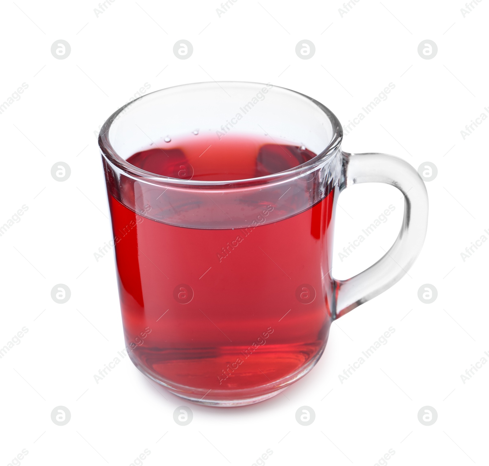 Photo of Delicious hibiscus tea in glass cup isolated on white