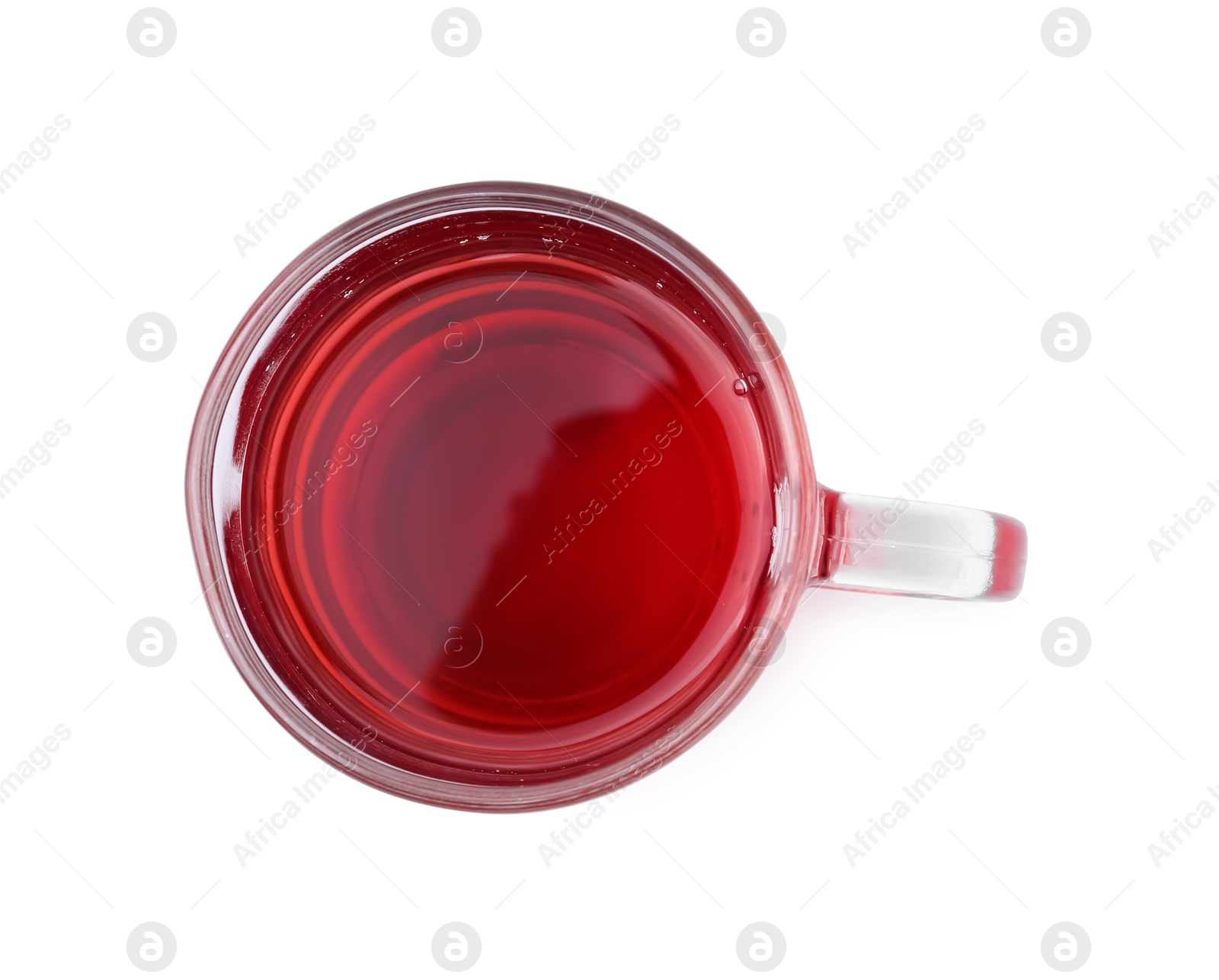 Photo of Delicious hibiscus tea in glass cup isolated on white, top view