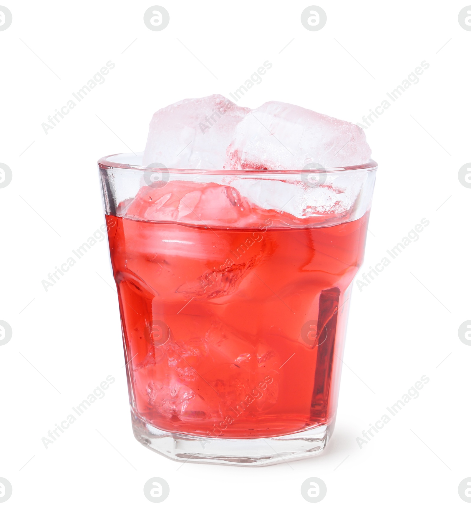 Photo of Delicious hibiscus tea with ice in glass isolated on white