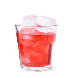 Photo of Delicious hibiscus tea with ice in glass isolated on white