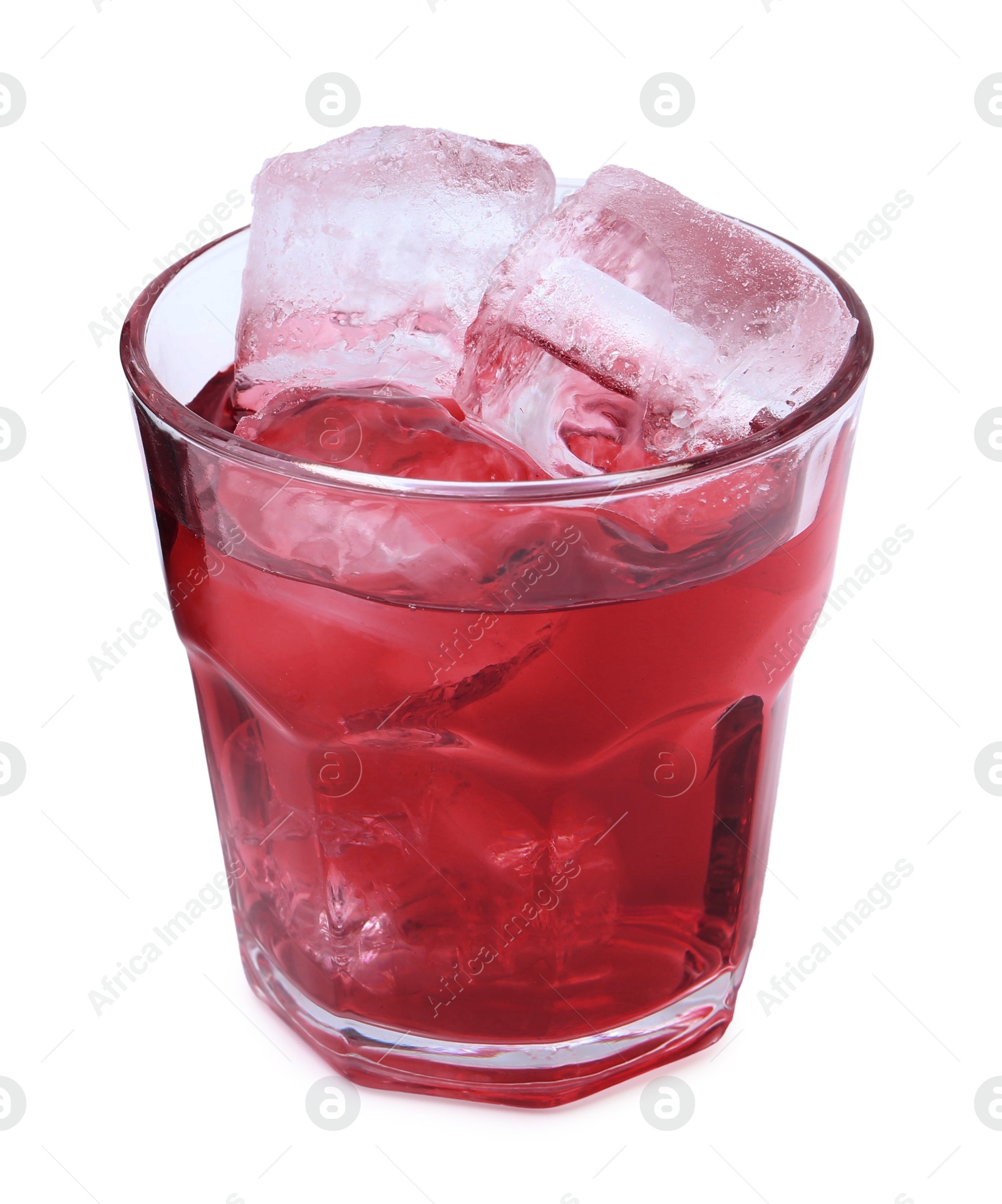 Photo of Delicious hibiscus tea with ice in glass isolated on white