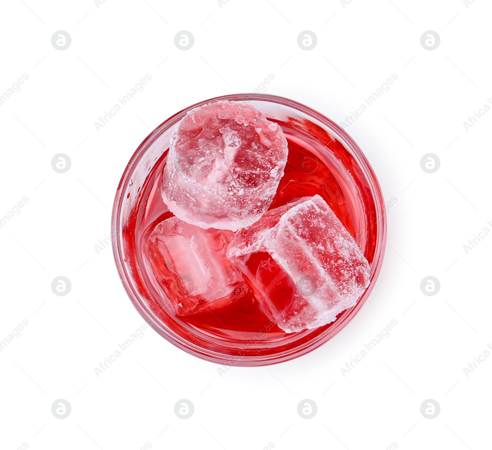 Photo of Delicious hibiscus tea with ice in glass isolated on white, top view