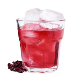 Photo of Delicious hibiscus tea with ice in glass and dry roselle sepals isolated on white