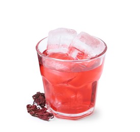 Photo of Delicious hibiscus tea with ice in glass and dry roselle sepals isolated on white